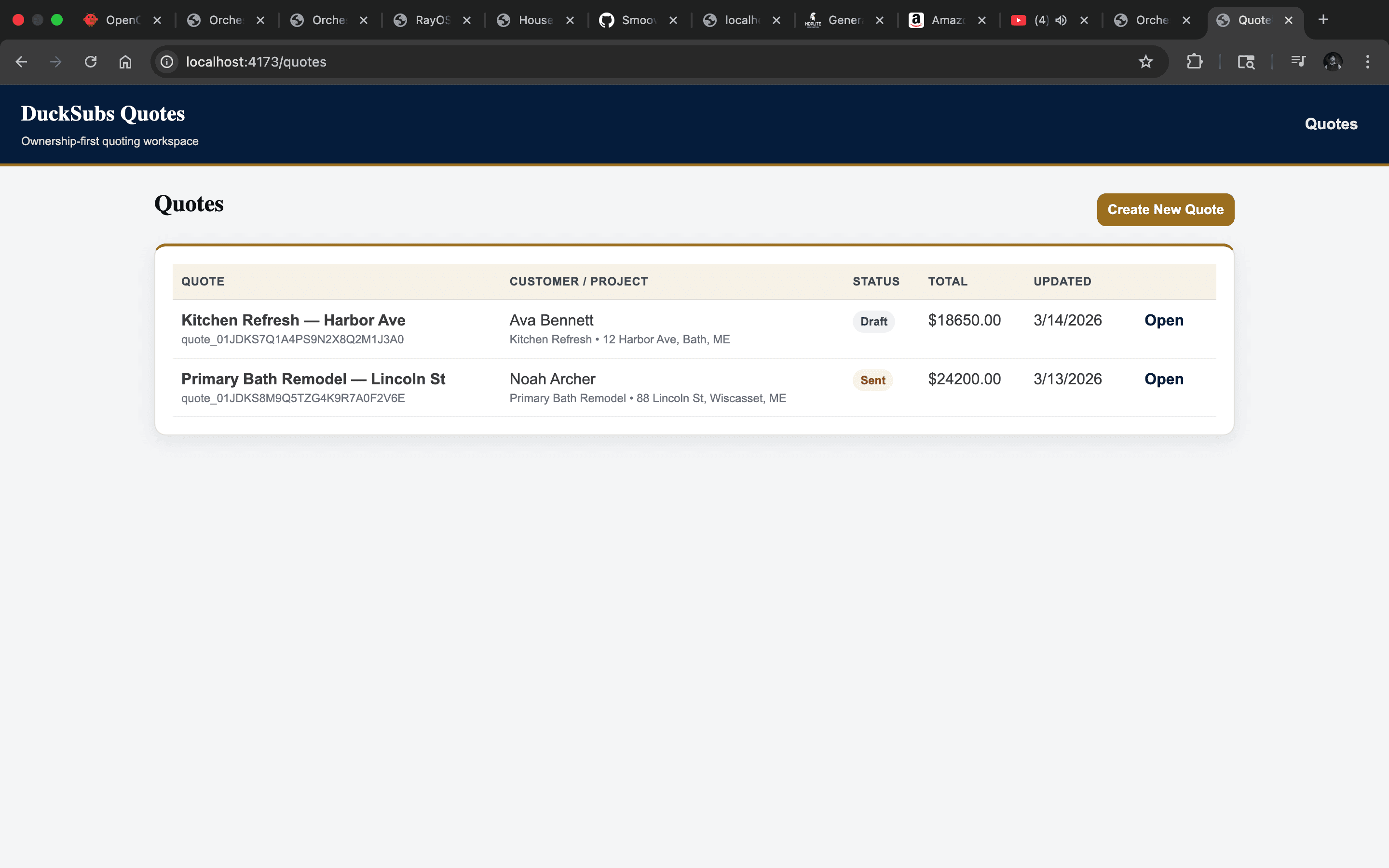 DuckSubs Quotes list view